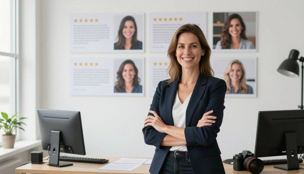 Confident photographer in studio with signed contracts and happy clients displayed on wall