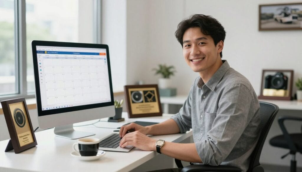 Confident photographer reviewing successful photography packages pricing strategy and client bookings