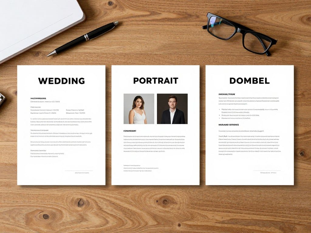Different types of photography contract templates for weddings, portraits, and commercial work
