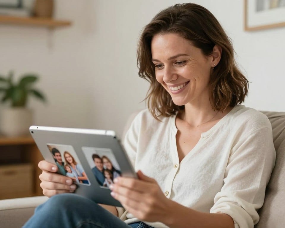 Happy photography client reviewing and sharing photos from recent photography session