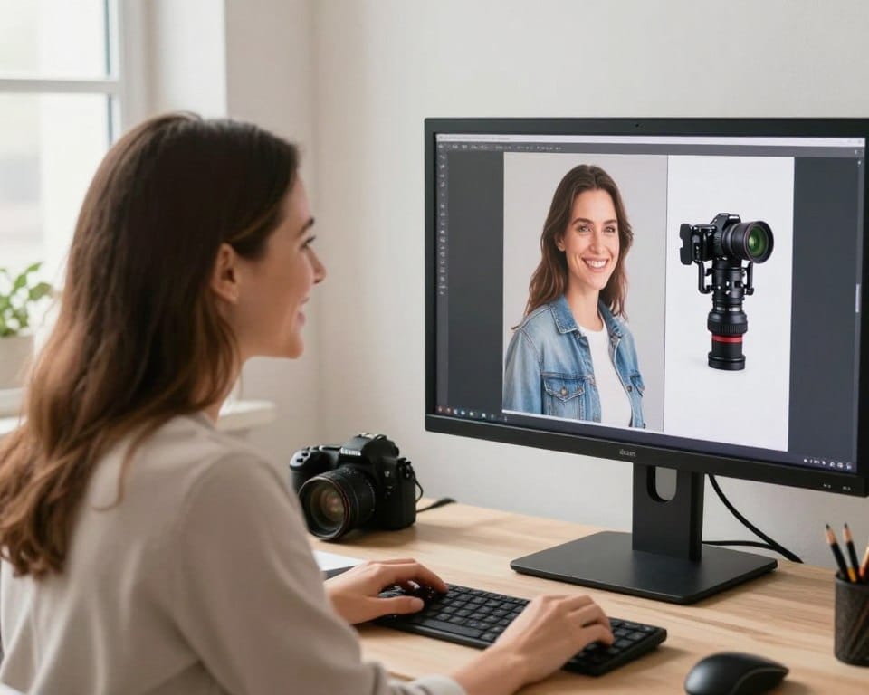 Happy photography client reviewing photos with photographer in bright welcoming studio