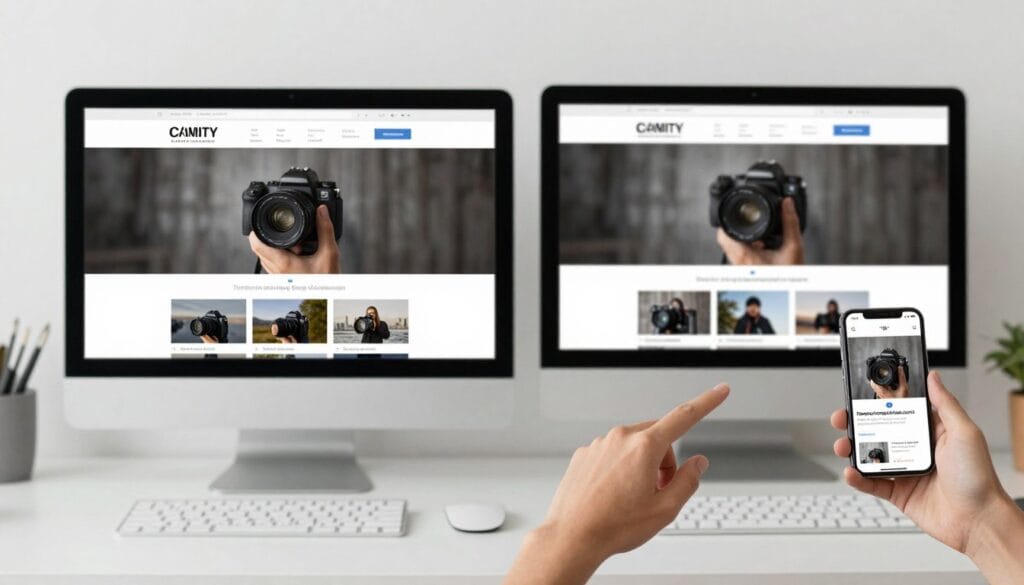 Modern photography website design showing portfolio and contact information on desktop and mobile devices
