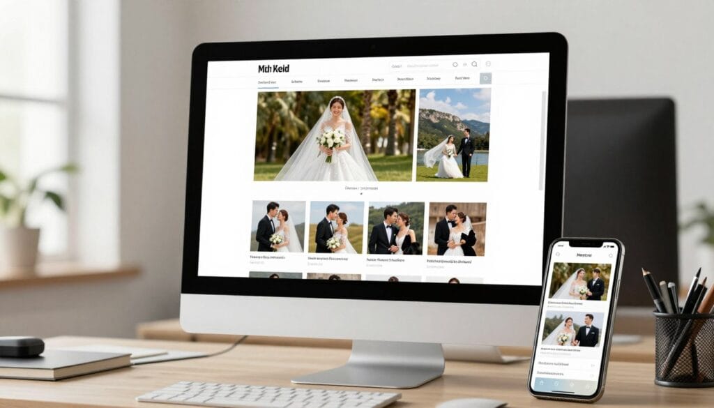 Modern photography website displayed on desktop and mobile devices showing portfolio gallery