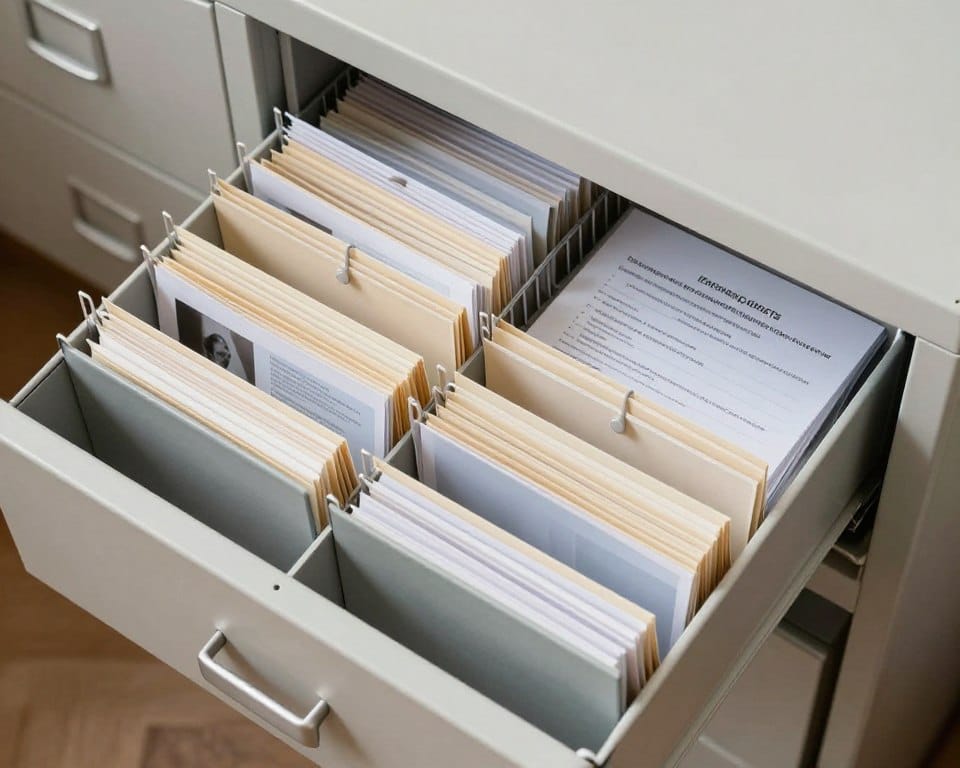 Organized filing system with labeled photography contracts and client folders