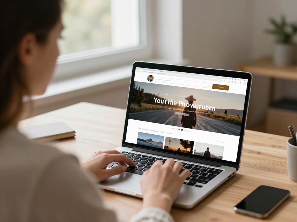 Person searching for photography services on laptop showing search results for how to get photography clients online