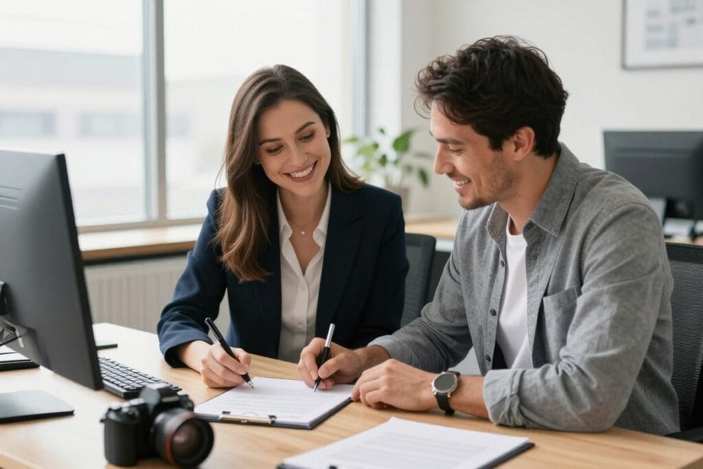 Photographer and client both signing photography contract with smiles