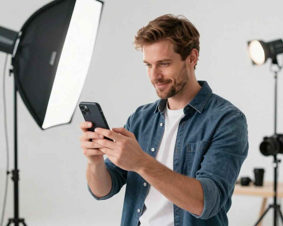 Photographer creating content for social media on smartphone with photography equipment nearby