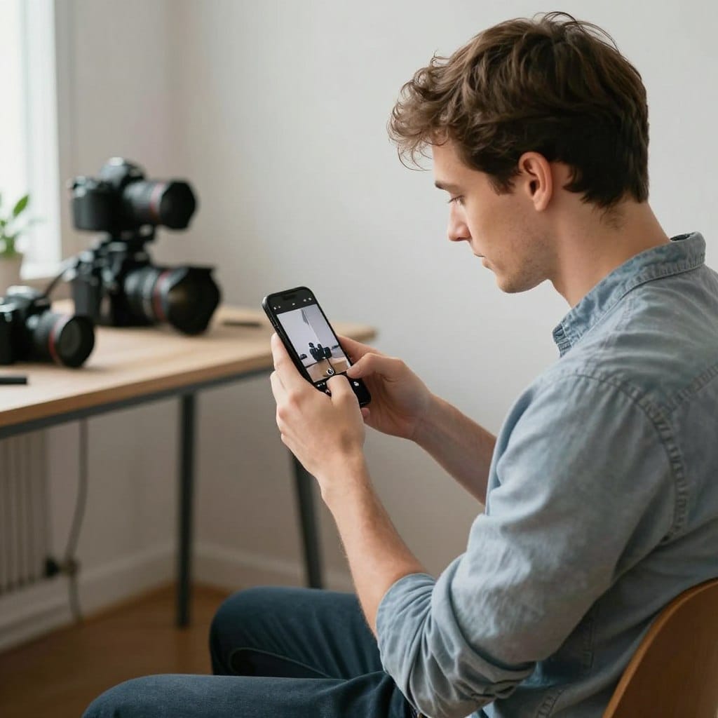 Photographer creating engaging social media content for photography business on smartphone