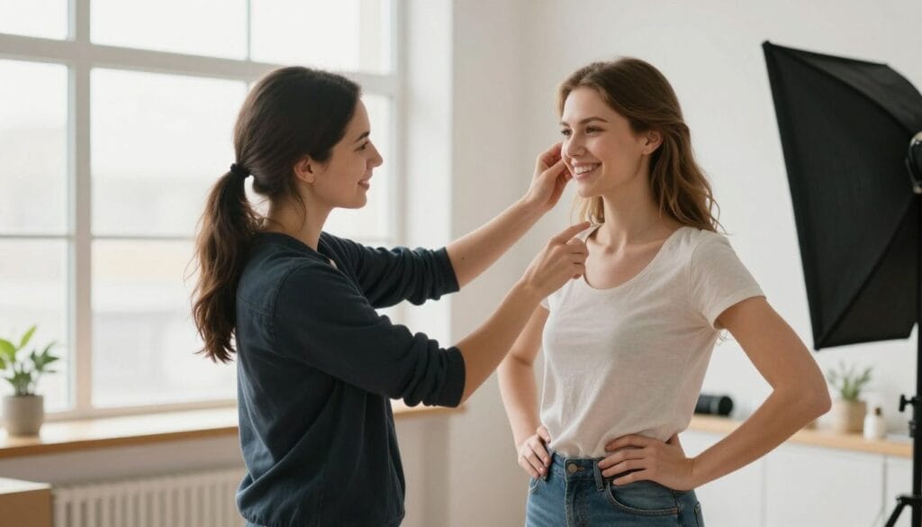 Photographer demonstrating posing technique to smiling female client in natural light studio