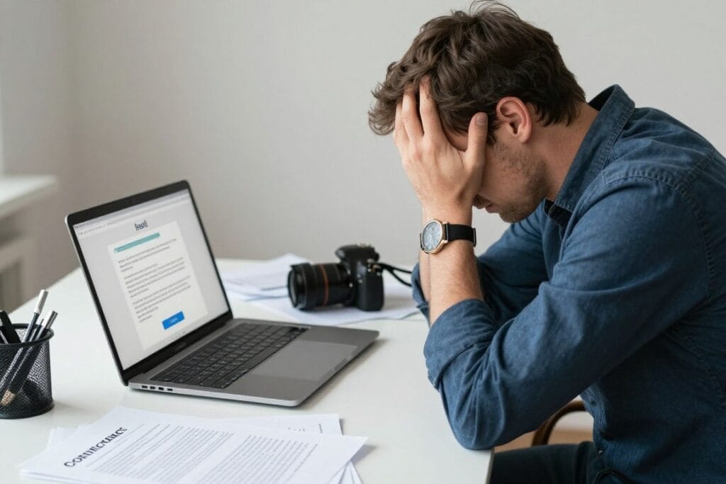 Photographer looking frustrated while dealing with contract dispute over email