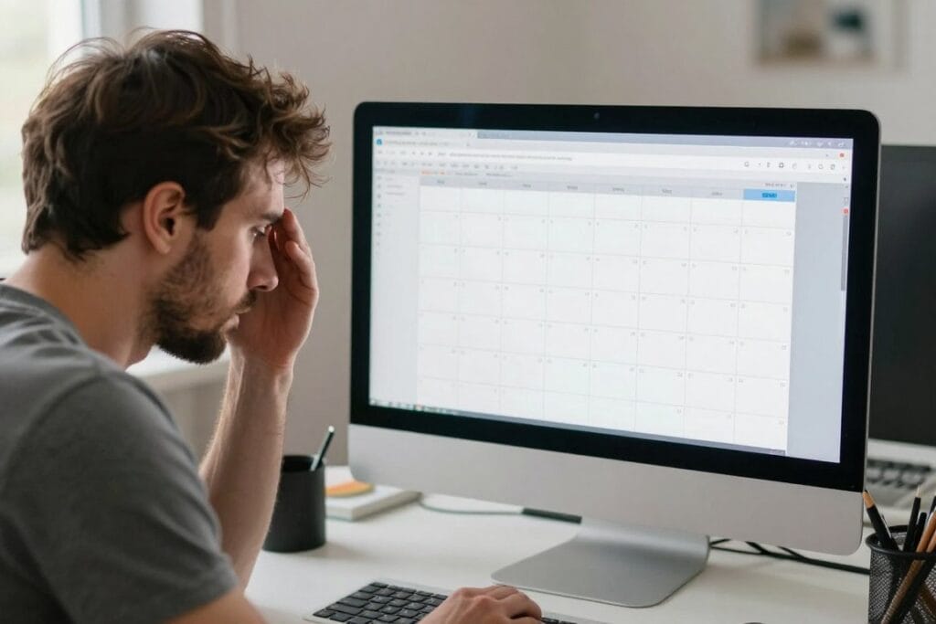 Photographer reviewing inconsistent social media posting calendar showing gaps in content marketing