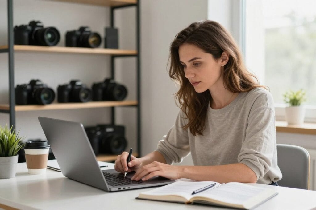 Photographer writing blog content for photography business website to attract potential clients