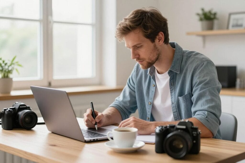 Photographer writing blog post on laptop with camera and coffee nearby