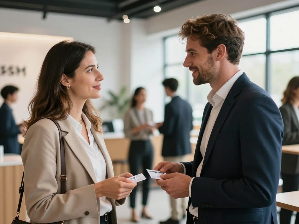 Photographers networking at local business event exchanging business cards and building relationships