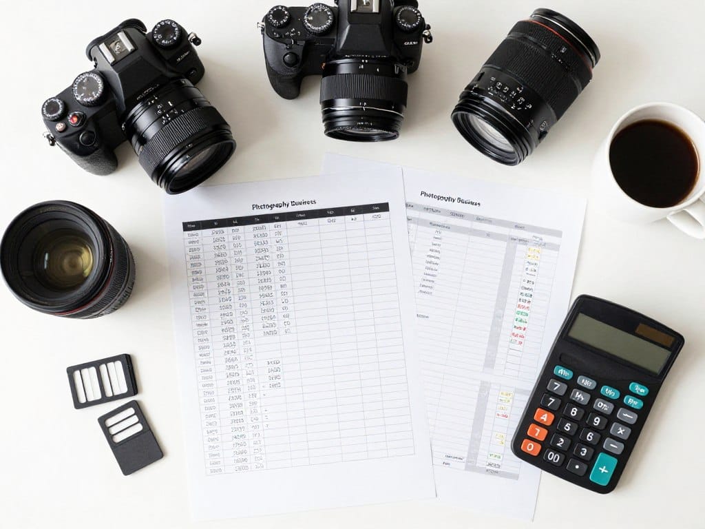 Photography equipment and business expense spreadsheet showing cost breakdown for photography packages pricing