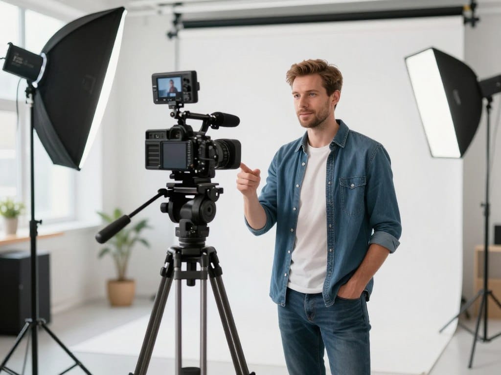 Photography studio setup for video marketing content creation with lighting and camera equipment