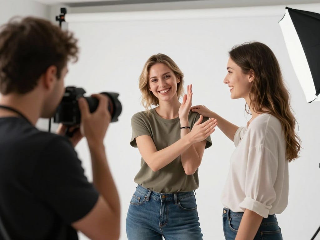 Professional photographer demonstrating flattering posing technique with client in studio setting