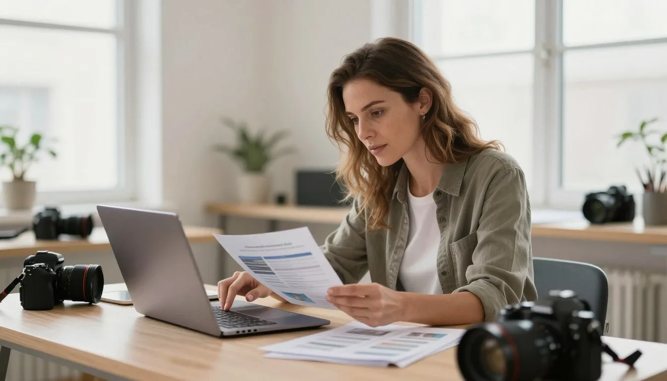 Professional photographer reviewing marketing strategy on laptop in bright studio workspace