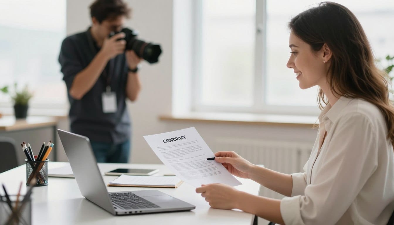 Professional photographer reviewing photography contract template with client in bright modern studio