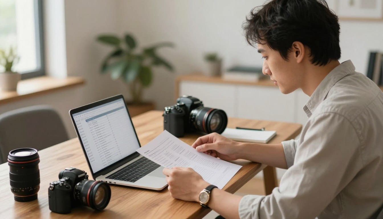 Professional photographer reviewing photography packages pricing on laptop with camera equipment on desk