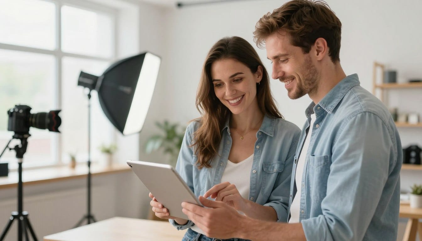 Professional photographer showing portfolio to potential photography clients in modern studio setting