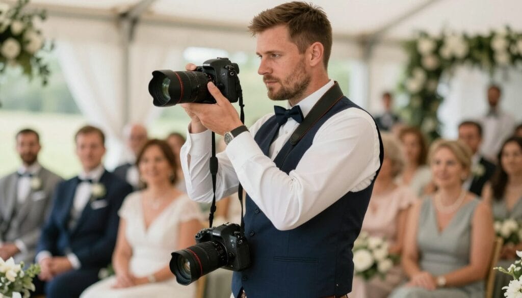 Professional photographer with backup cameras and equipment at wedding ceremony