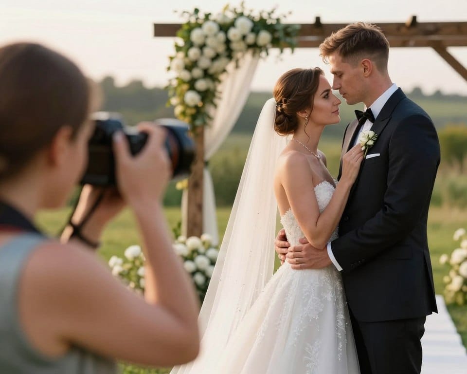 Specialized wedding photographer capturing intimate moment between newlyweds showcasing niche expertise