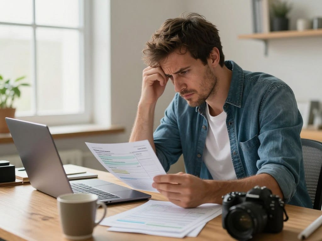 Stressed photographer looking at unpaid invoices and disputed client emails on laptop screen