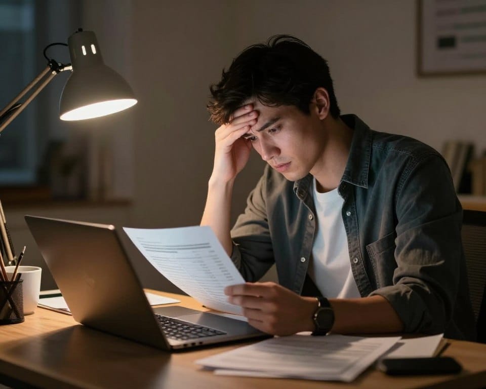 Stressed photographer working late reviewing photography packages pricing and questioning rates