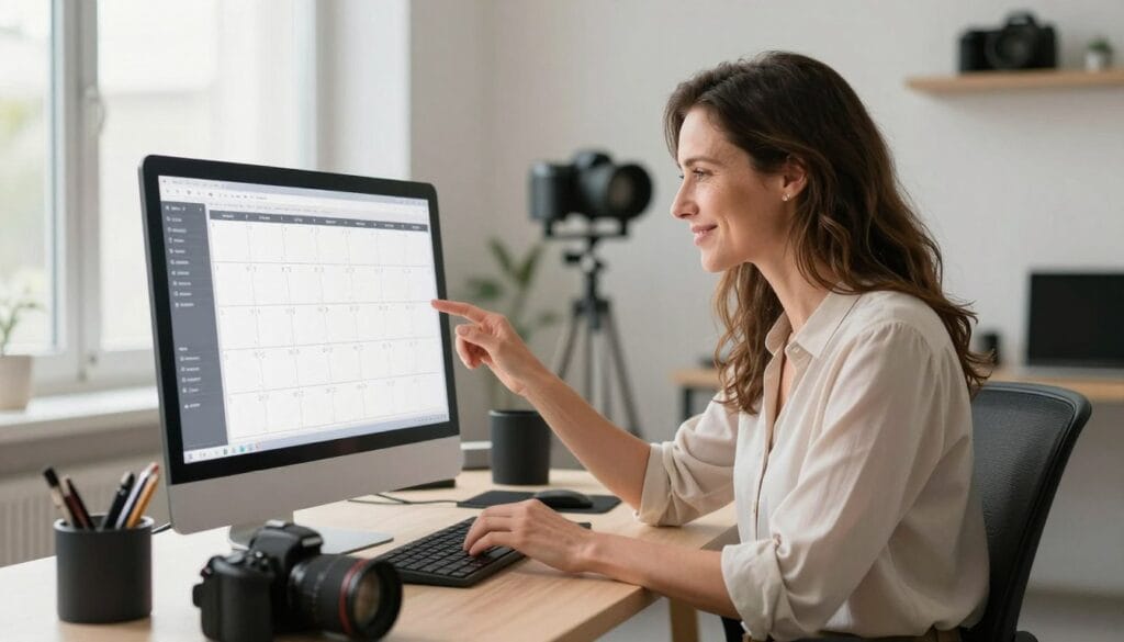 Successful photographer reviewing calendar of bookings in bright professional studio space