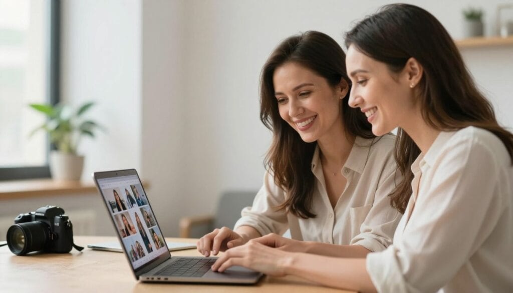 Successful photographer working with happy client reviewing photos together showing business success