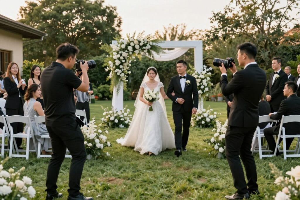 Wedding photography team with two photographers capturing ceremony moments showing professional wedding photography package value