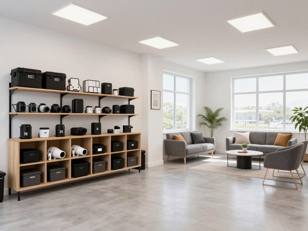 Well-organized photography studio with labeled equipment storage and client waiting area
