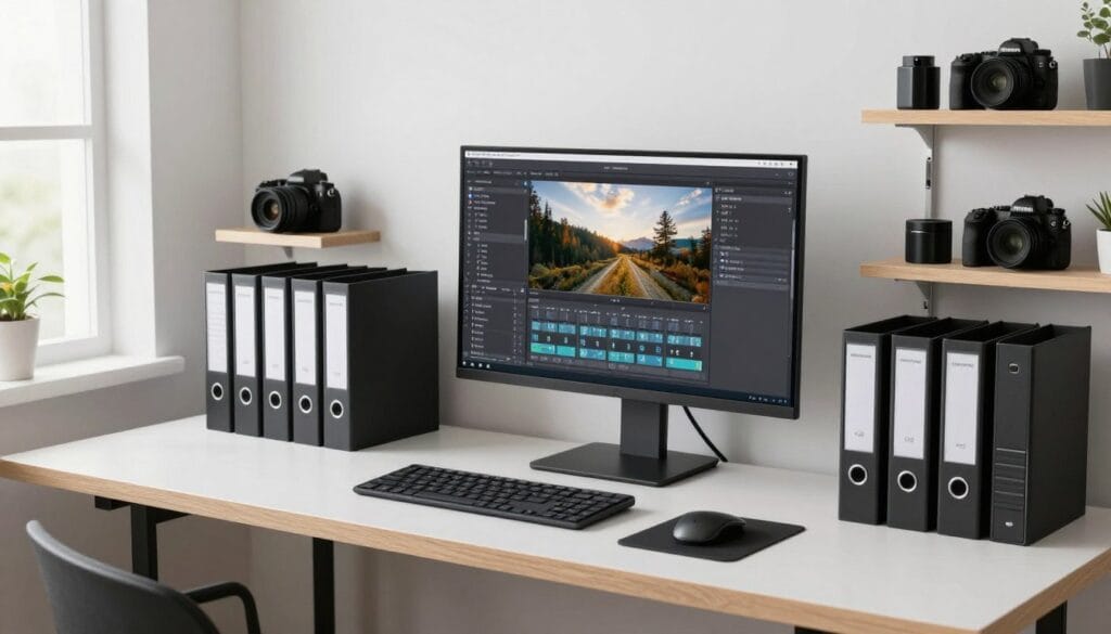 Well-organized photography studio workspace showing efficient file management and equipment organization