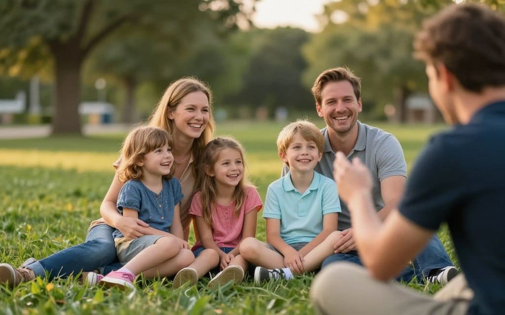 family posing naturally during mini session with photographer guidance