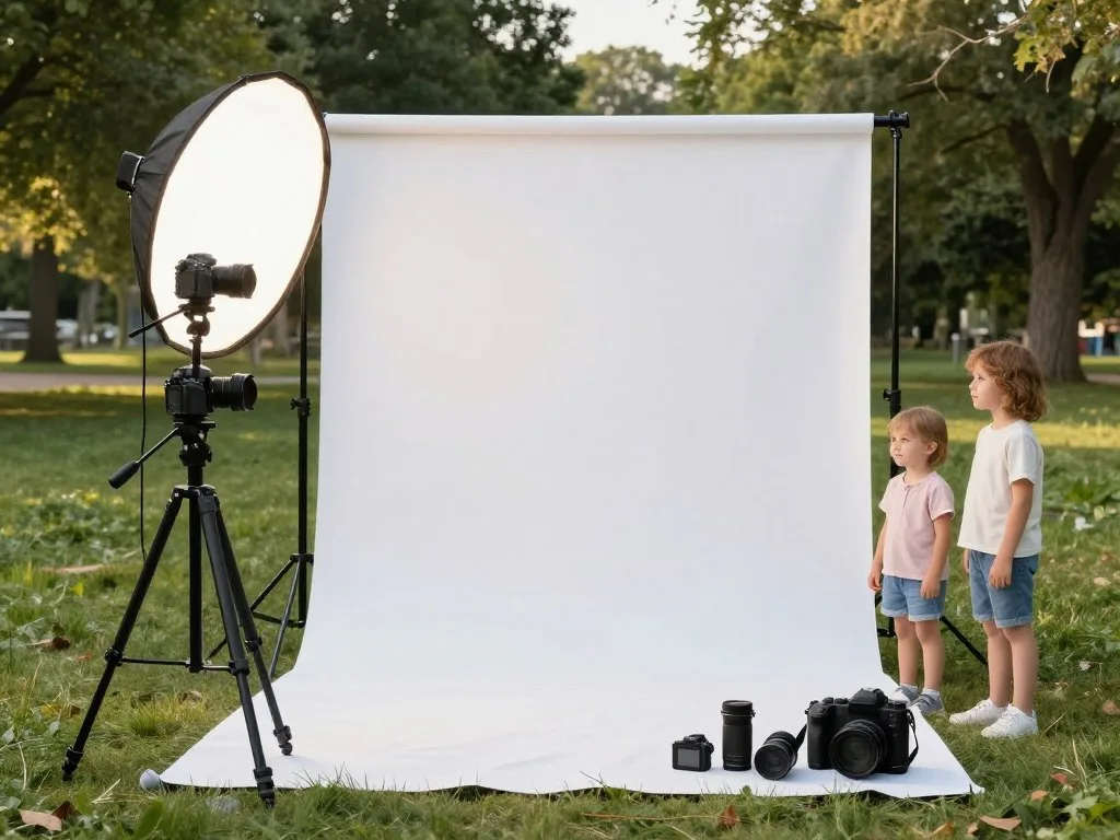 mini session photography setup showing camera equipment and backdrop in outdoor location