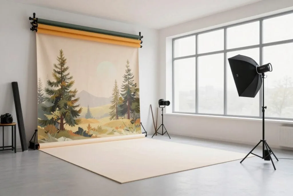 organized photography studio setup with props and backdrops for mini sessions