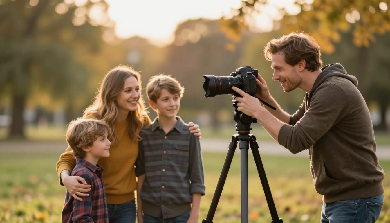 photographer conducting mini session photography with happy family outdoors during golden hour