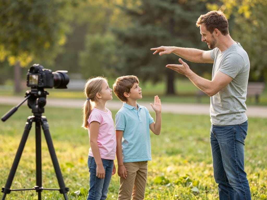 photographer demonstrating posing techniques during mini session with family