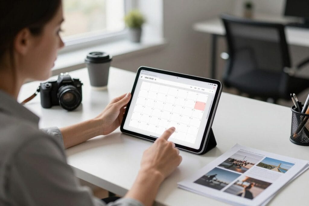 photographer reviewing mini session schedule and planning calendar on tablet