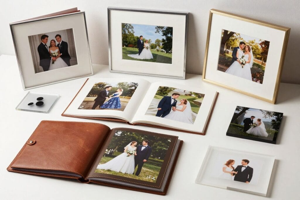 Array of popular photography products including wedding albums, canvas prints, and wall art displayed professionally