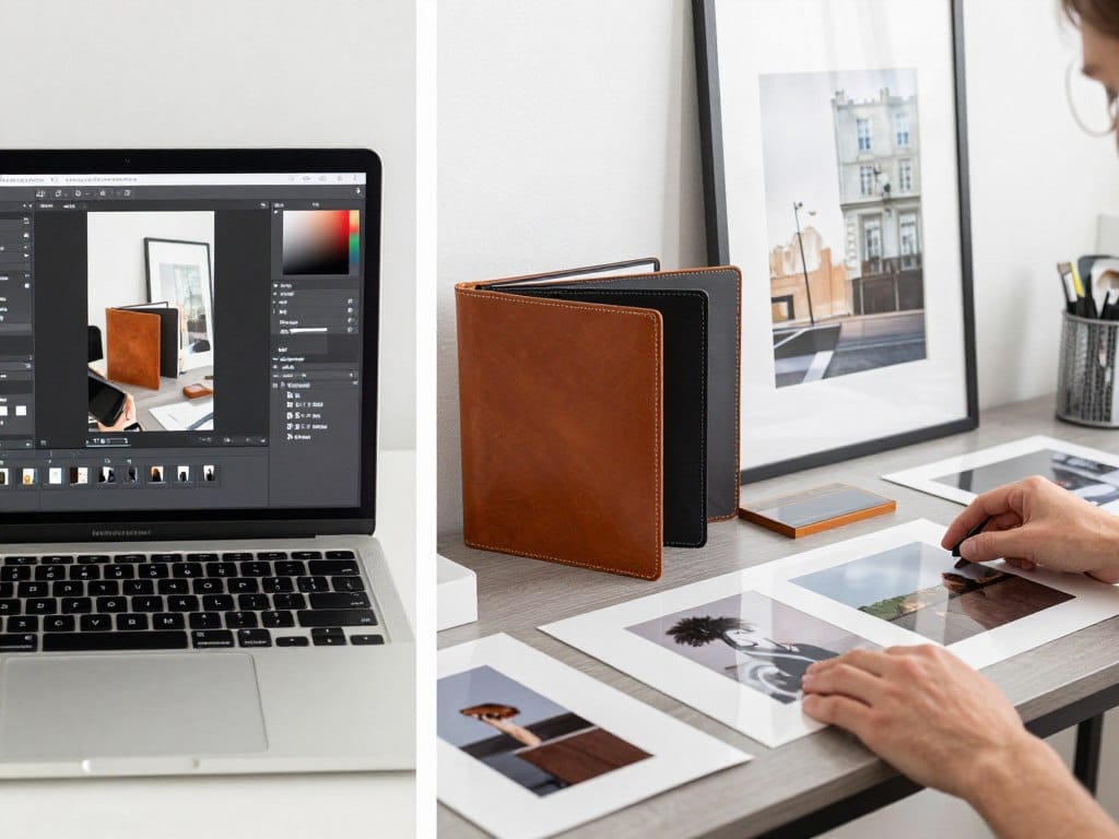 Comparison showing basic digital files on laptop versus premium photography products including albums and wall art