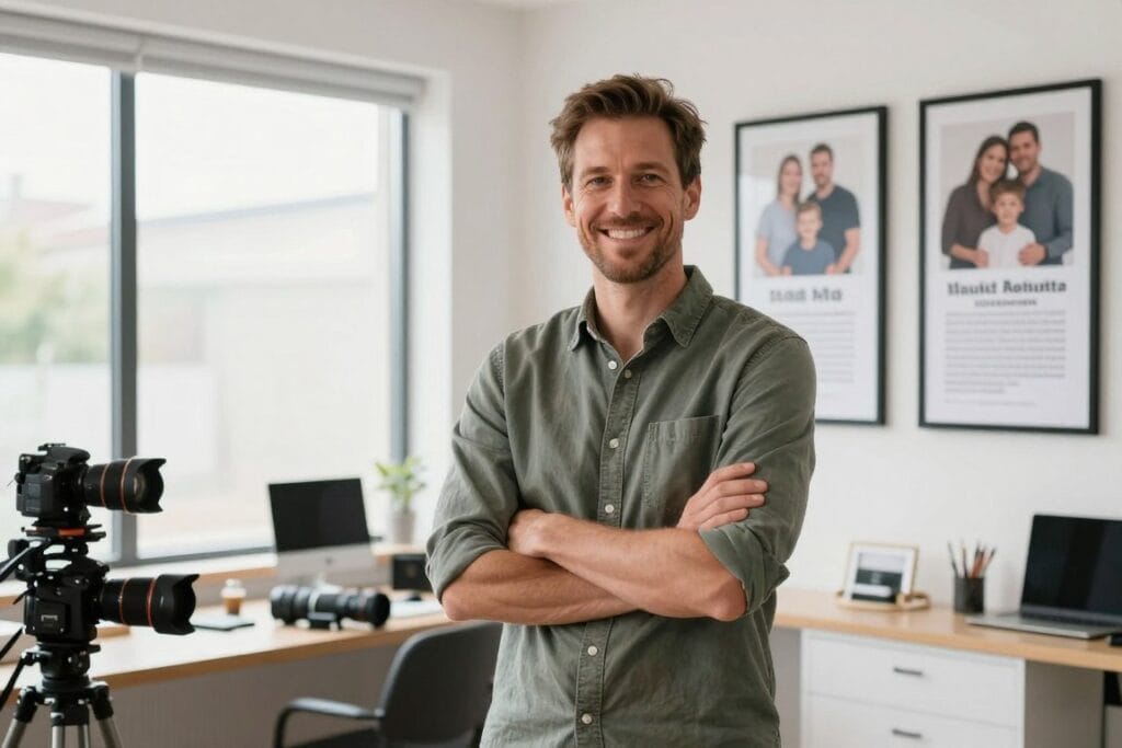 Confident photographer in studio surrounded by happy client photos and testimonials
