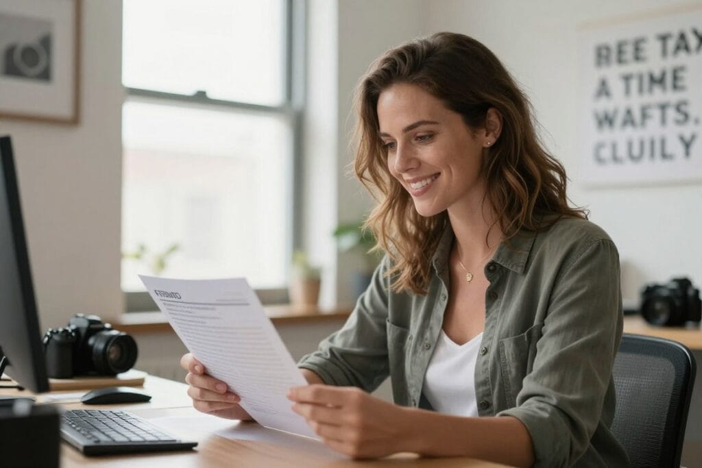 Confident photographer reviewing pricing strategy with positive mindset Confident photographer reviewing pricing strategy with positive mindset