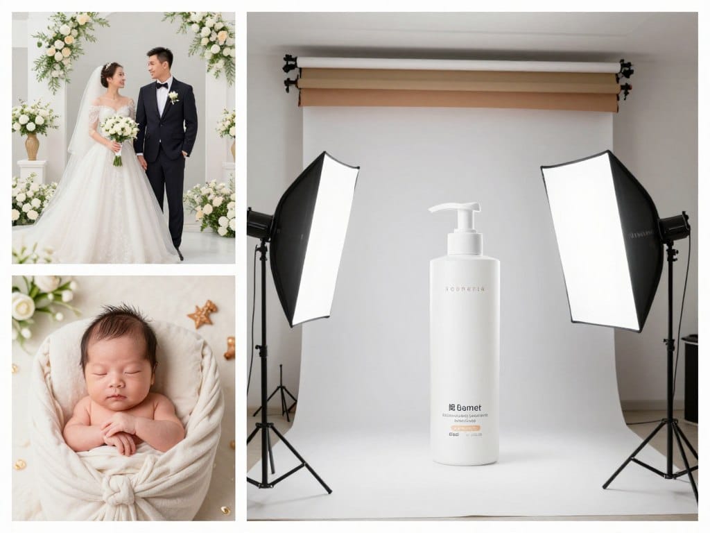 Different photography specialization examples showing wedding, newborn, and commercial photography setups