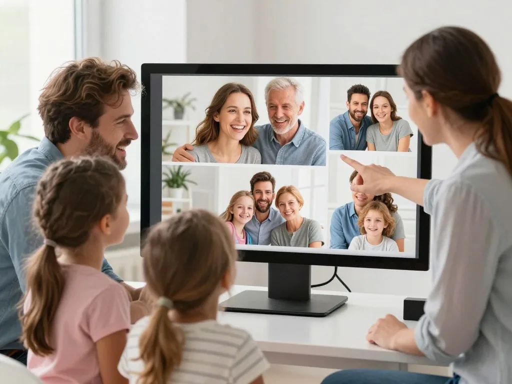 Happy family viewing their photography session images together with photographer during sales consultation