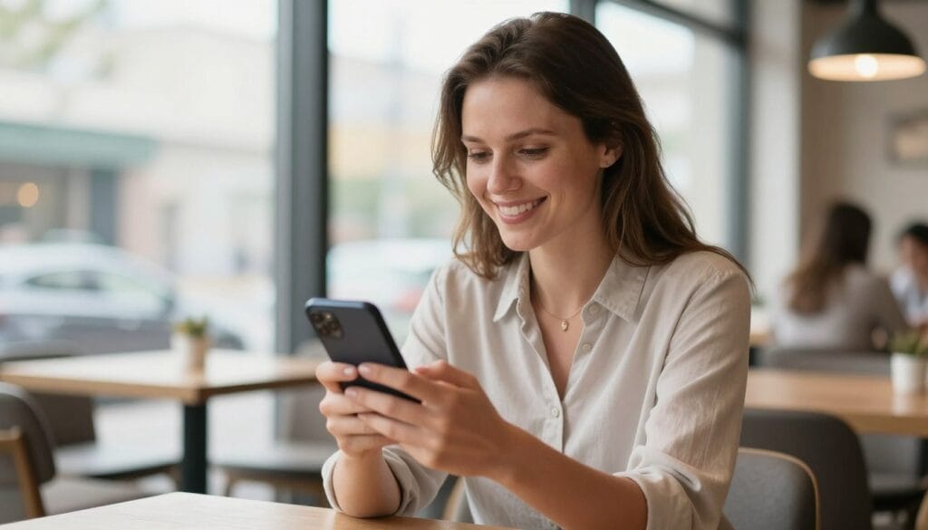 Happy photography clients leaving five-star review on smartphone after session