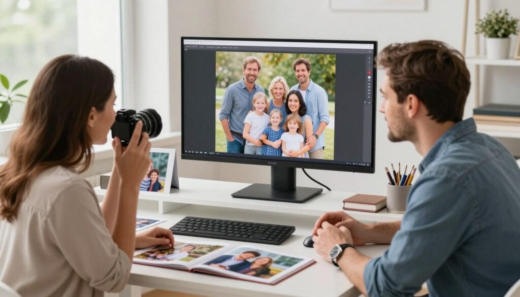 Photographer conducting in-person sales session with clients reviewing images on large monitor in professional studio
