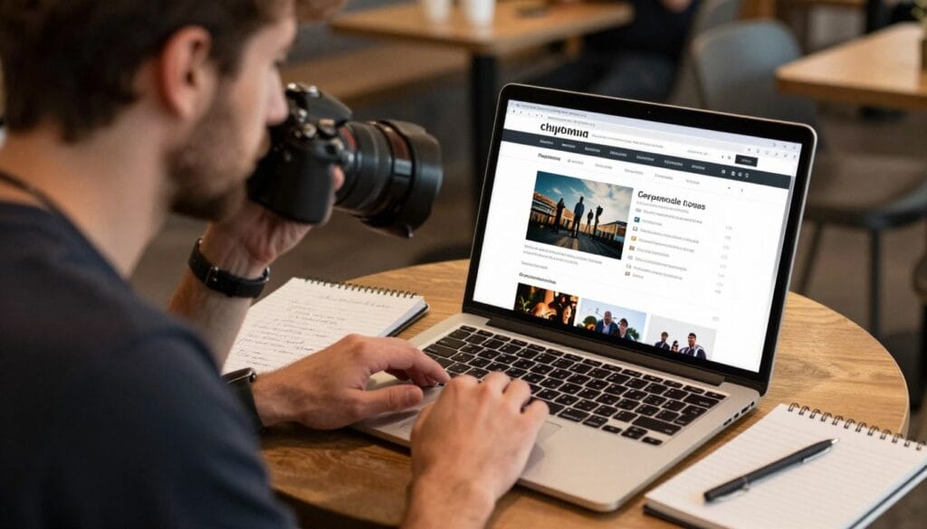 Photographer conducting market research on laptop analyzing competitor pricing Photographer conducting market research on laptop analyzing competitor pricing