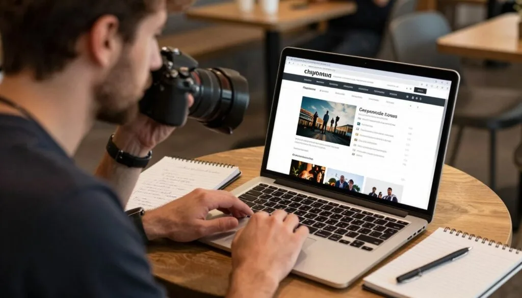 Photographer conducting market research on laptop analyzing competitor pricing